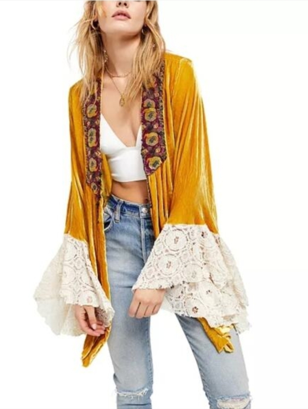 Free People Wanderlust Jacket Yellow Velvet Lace S